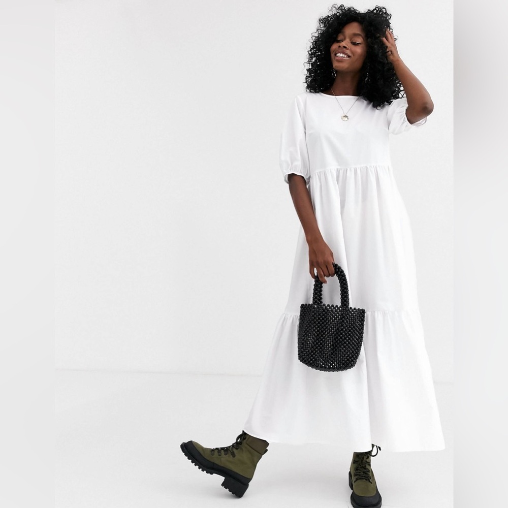 ASOS Tiered Cotton Poplin Smock White Midi Maxi Dress Size 6